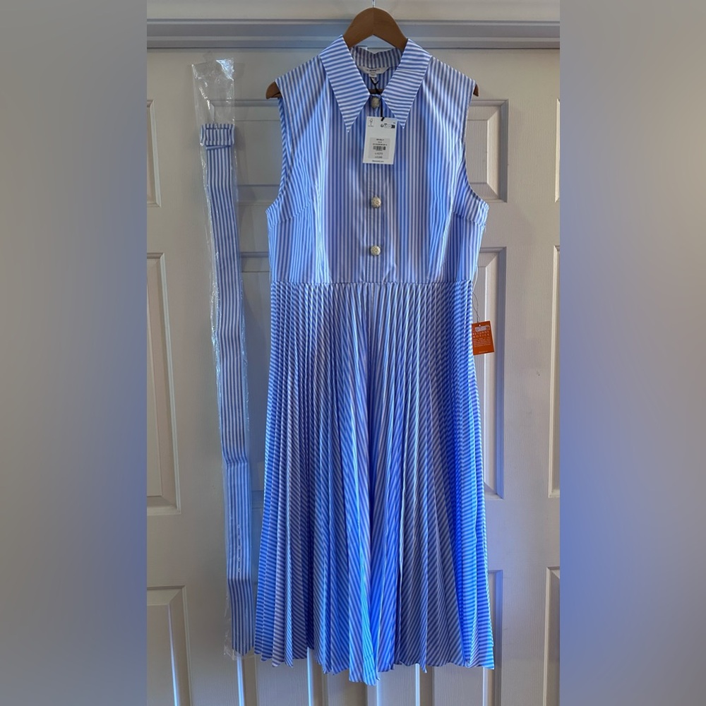 LK Bennett Pleated Blue White Stripe Hally Dress - Size 14 - NEW